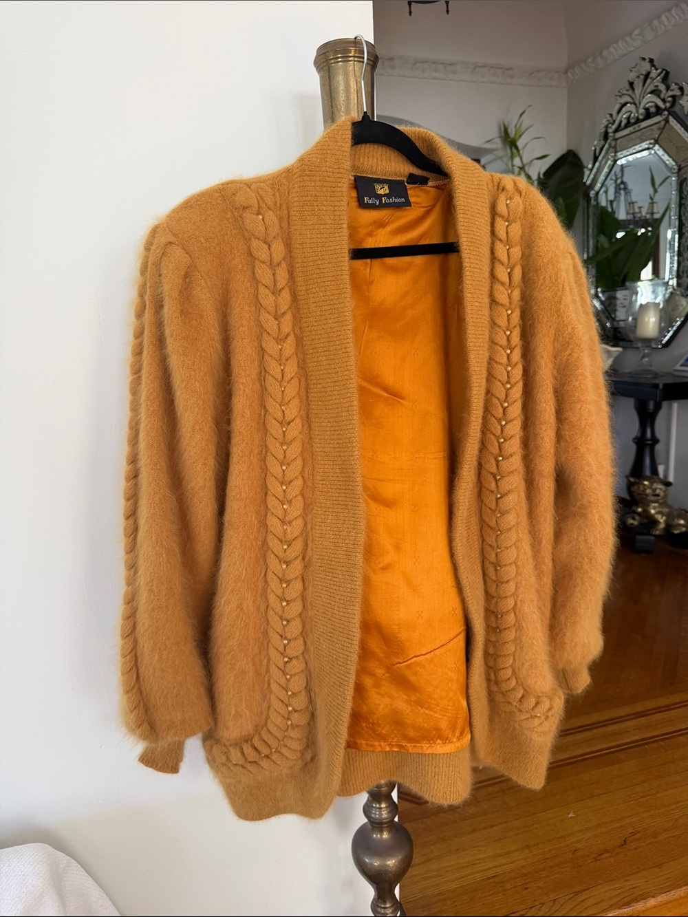 Golden orange Braided Open-Front oversize cardigan with pearls✨